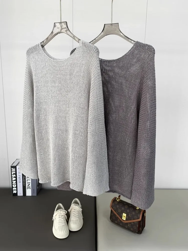

Linen hollowed-out knitted sweater A simple pullover with a laid-back and relaxed look Long-sleeved versatile top female