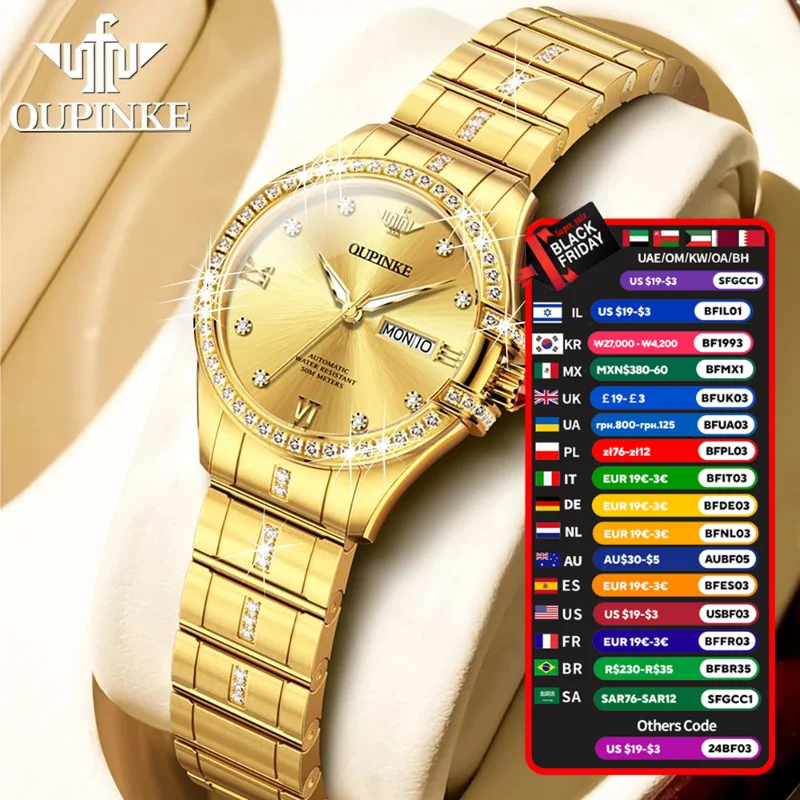 OUPINKE 3195 Luxury Diamond Gold Womens Watches Automatic Mechanical Wrist Watch For Women Waterproof Stainless Steel Strap