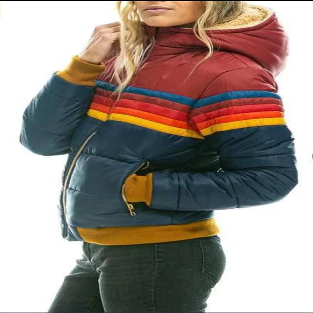 Women Cotton Clothes 2022 Autumn Winter New Fashion Stripe Zipper Hooded Parkas Rainbow Jacket Splicing pocket Ladies Outerwear