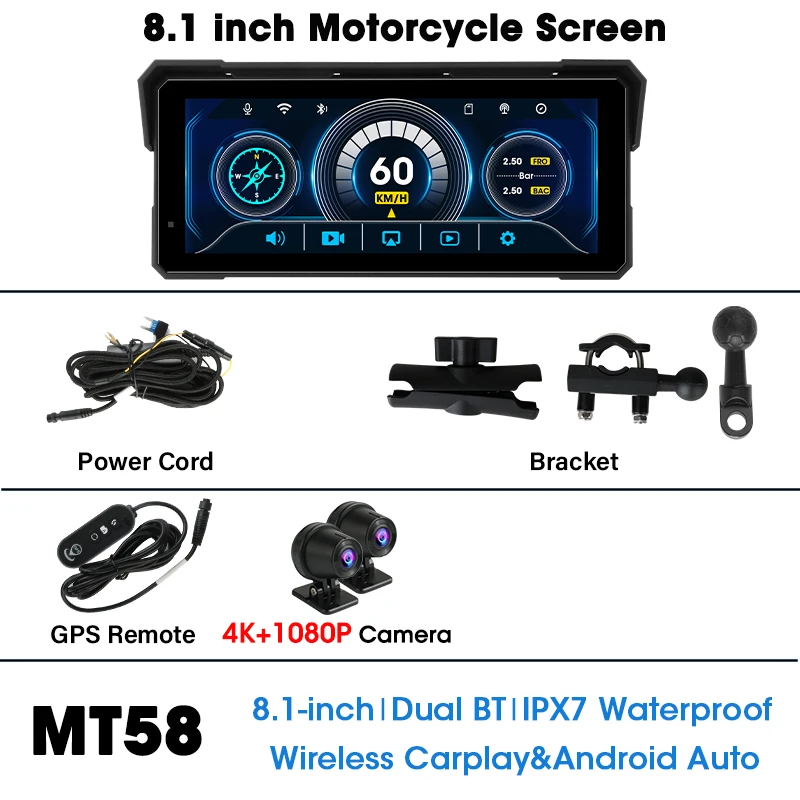 Jansite 8,1 inch motorfiets Carplay 4K + 1080P dubbele lens IPX7 waterdicht draadloos CarPlay en Android Auto Moto GPS-navigatie