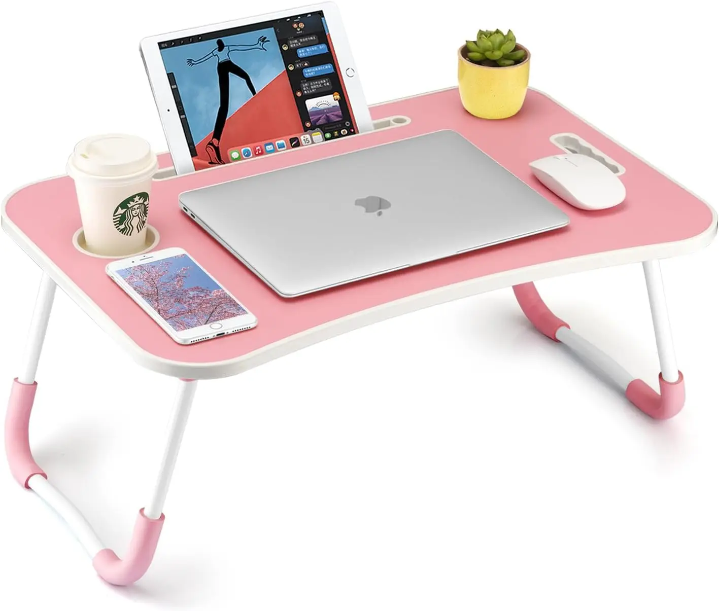 

Foldable Laptop Table, Portable Lap Desk Bed Table Tray, Laptop Stand with Cup Holder & Tablet Slot & Lifting Handle for Work