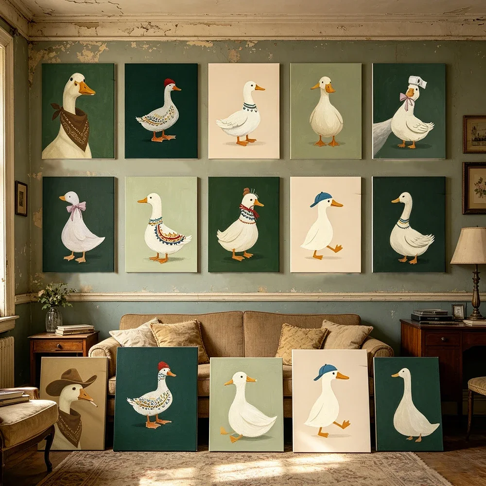 1PC Large-sized frameless canvas paintings,Cute Duck Goose Wall Art Funny Cartoon Minimalist Poster Print Fresh Green Love Canva
