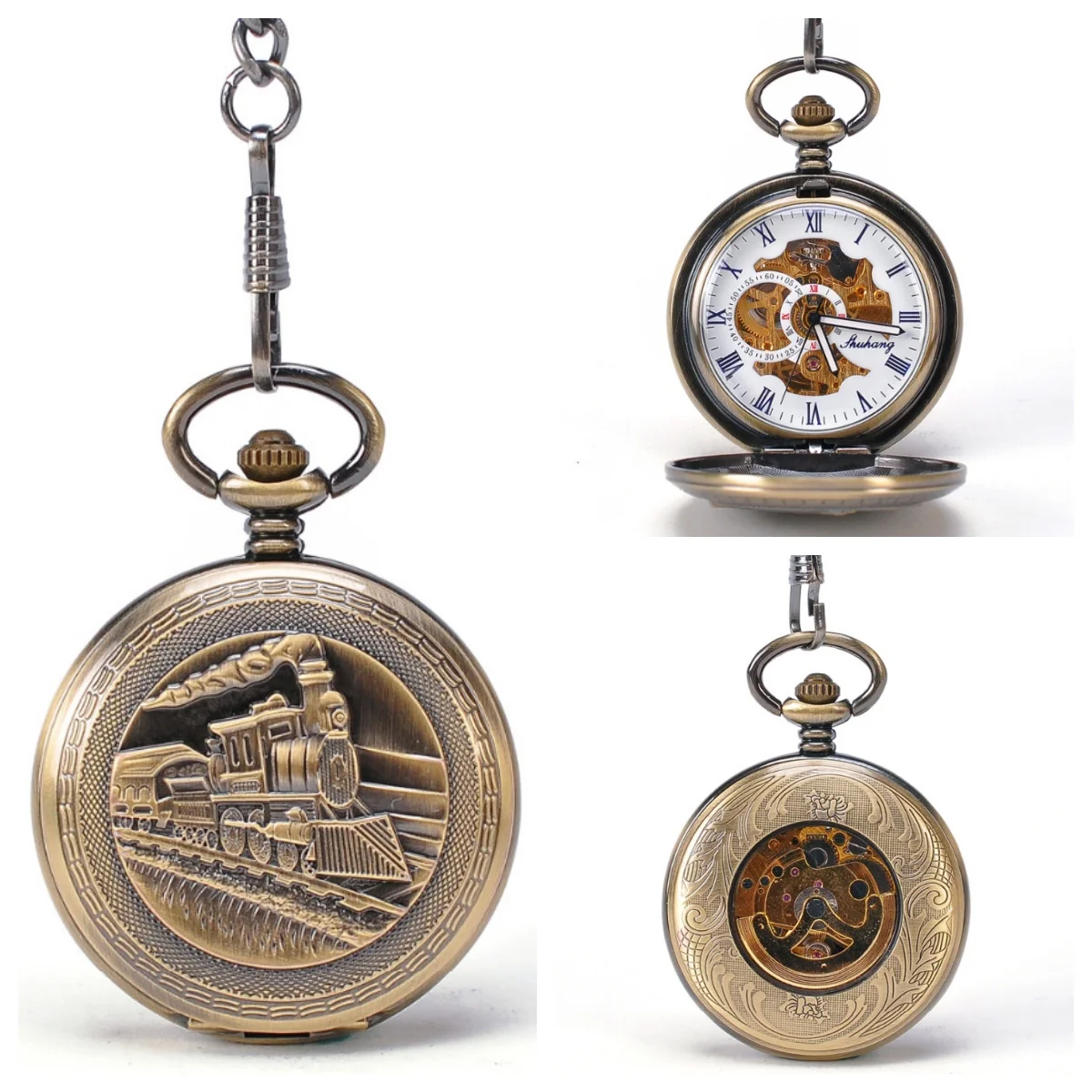 Steampunk Train Locomotive Bronze Retro Mehchanical Pocket Watch Men's Engrave Skeleton Hand Watch With Chain Unisex Gift