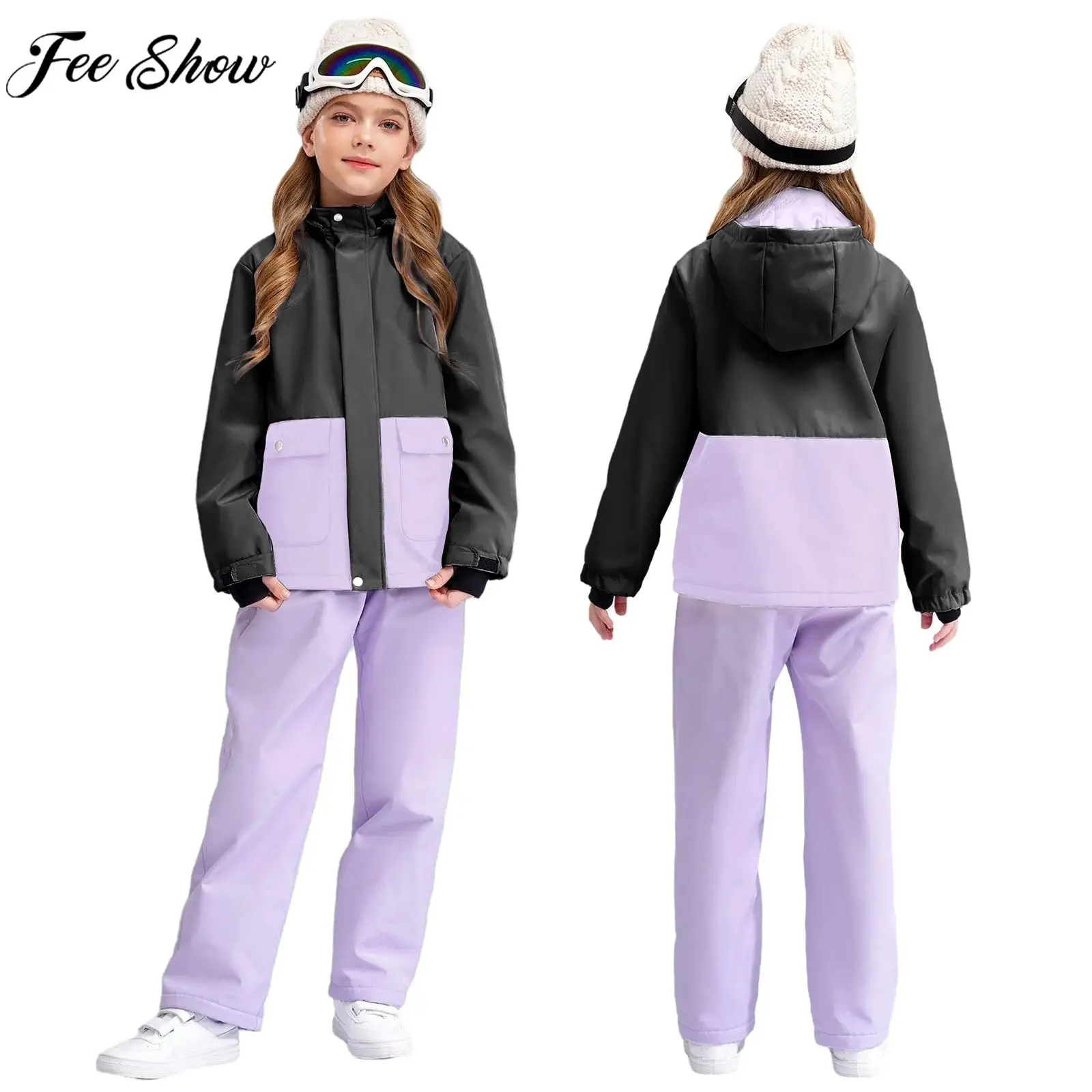 Kids Girls Cotton-padded Ski Suit Skiing Snowboarding Costume Set Long Sleeve Zipper Windproof Warm Hooded Jacket with Pants