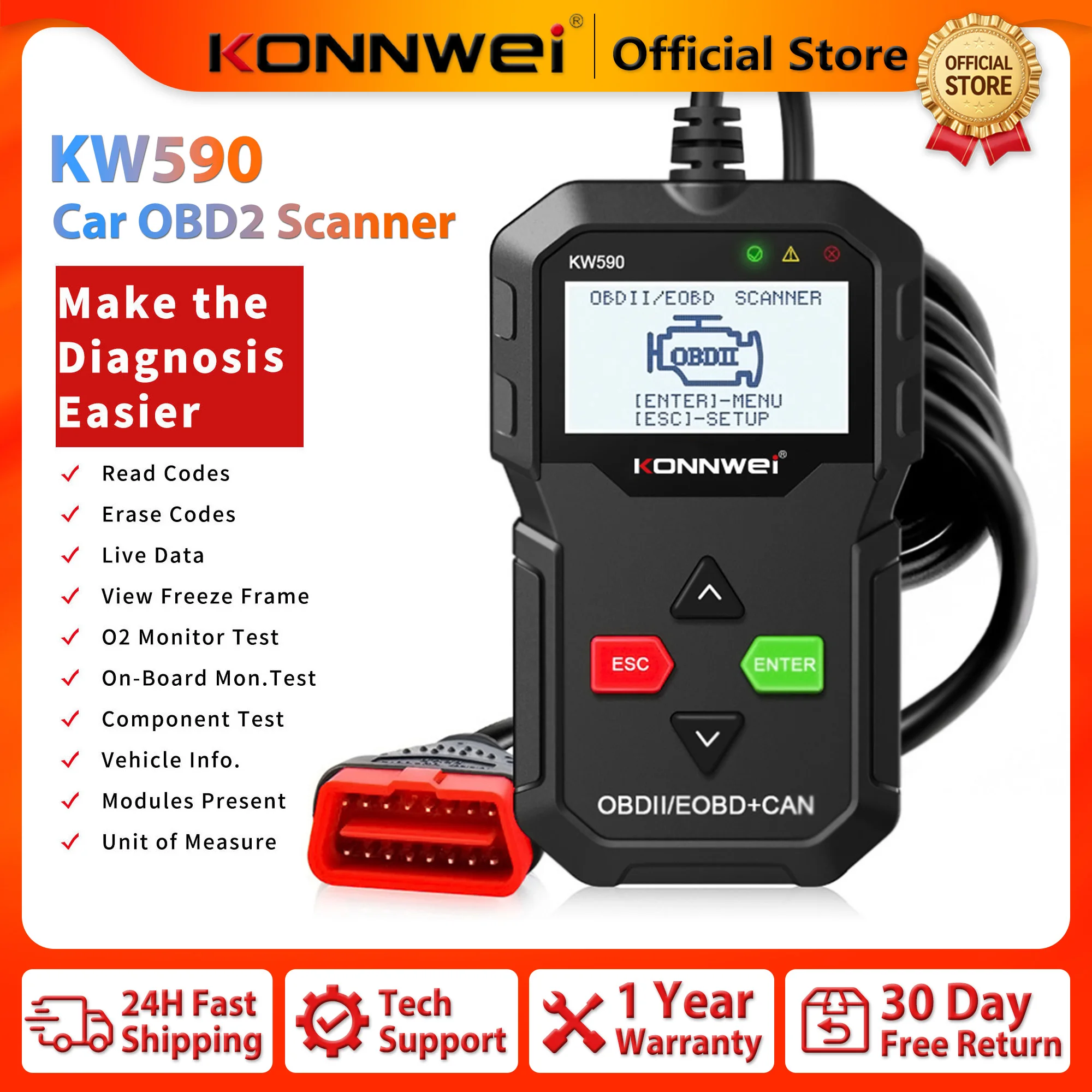 2026 KONNWEI KW590 OBD2 Scanner Car Code Reader OBDII Diagnostic Tool Read Clear Fault DTC Code Lookup O2 Monitor Test Live Data