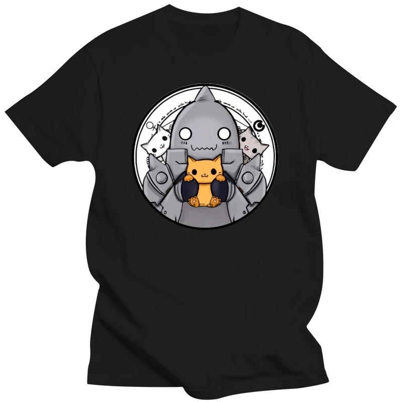 

Cotton T Shirt Men Fullmetal Alchemist T-shirt Kawaii Alphonse Elric And His Cats Anime Tshirt Fitness White Top Tee For Student