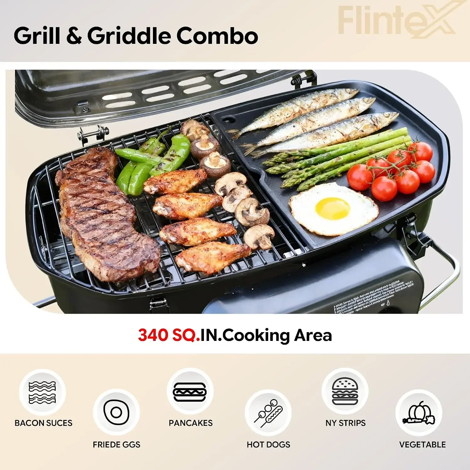 Portable Propane Gas Grill, 340 SQ.IN. 2-Burner Foldable BBQ Grills, 2-in-1 Outdoor Camping Griddle Combo for Travel