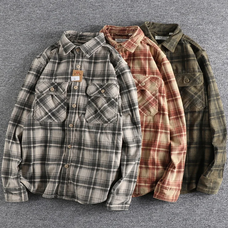 Retro Men's Autumn/Spring Long Sleeve Shirts, Thick Corduroy Daily Casual Shirts, Fashion All Match Male Shirts