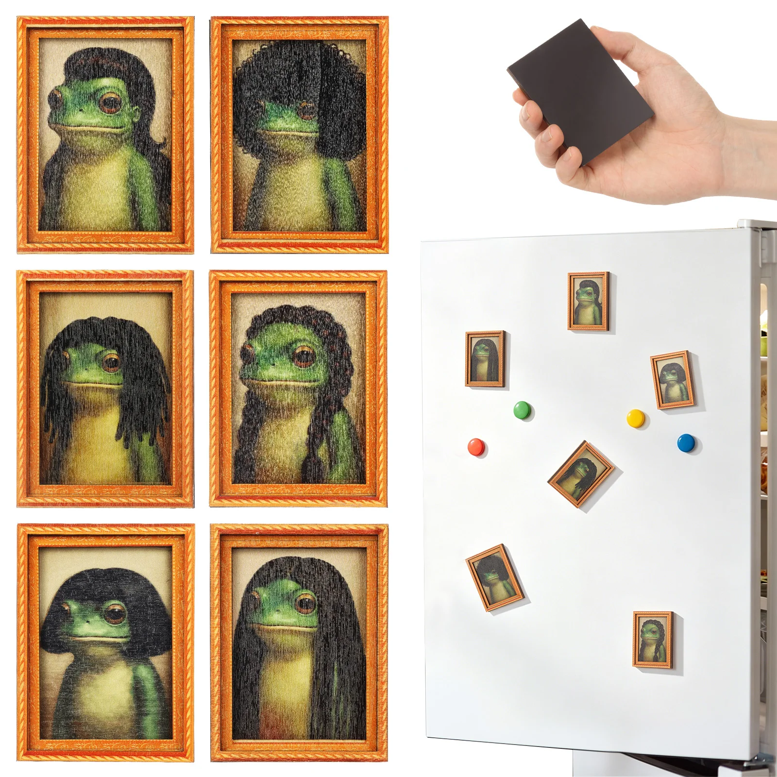 6 Stück Frosch-Kühlschrankmagnete Mini-Kühlschrankmagnete Holz-Fotorahmen Lustige Magnetische Frosch-Bilderrahmen für Kühlschrank Küche