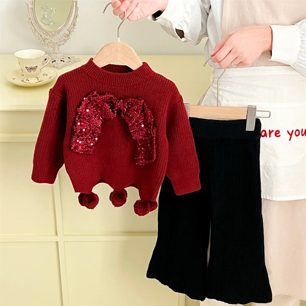 Girls jumper set autumn winter new sweet fashionable sequins bow children's annual tutu skirt two-piece tide 90-130cm
