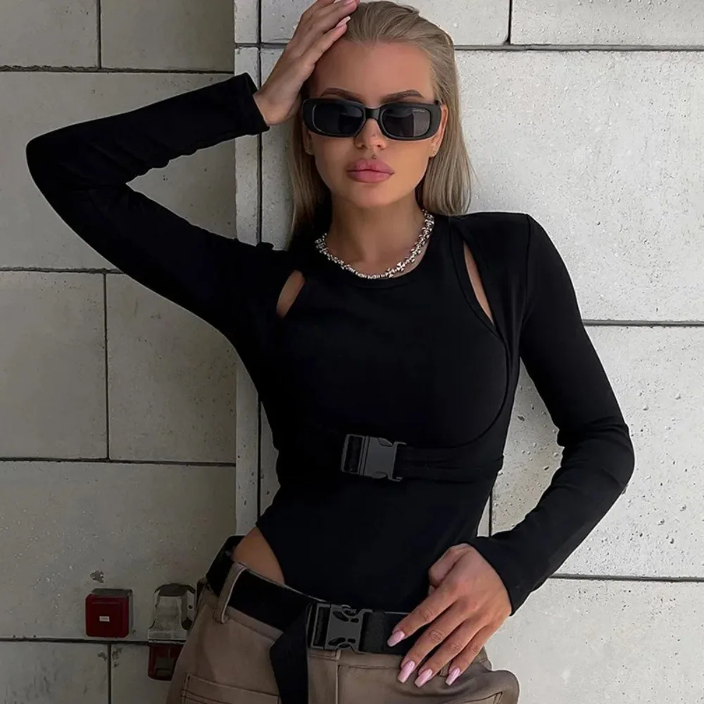 سليم مثير المرأة الجوف خارج ارتداءها قطعتين مجموعة المرقعة قصيرة الأكمام ثوب بودي كون للنساء القوطي أعلى الأسود الجسم وتتسابق