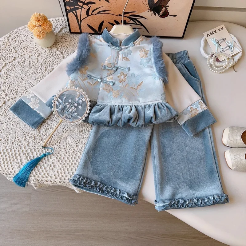 

Girls' Spring Autumn Winter New Fleece-Lined New Chinese Style Button Heavy Craft Hanfu Embroidered Vest Three-Piece Set