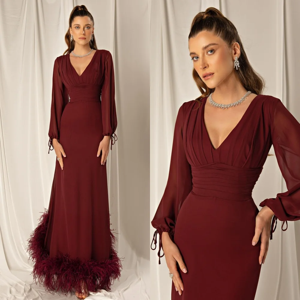 Maßgeschneiderte Abendkleider aus bordeauxrotem Jersey im Meerjungfrau-Stil, formelle V-Ausschnitt, lange Ärmel, Heimkehrkleider, Temperament-Partykleider