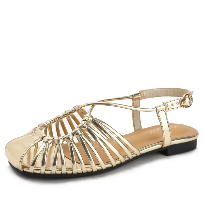 

Woven strap hollow flat beach sandals, new summer style, soft sole, comfortable, one-strap buckle Roman shoes, elegant