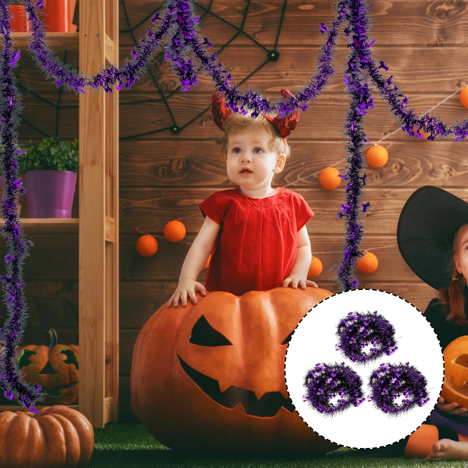 

3pcs Halloween Tinsel Garland Decorations Material For Party Home Yard Bedroom Window Fireplace Halloween Wreath