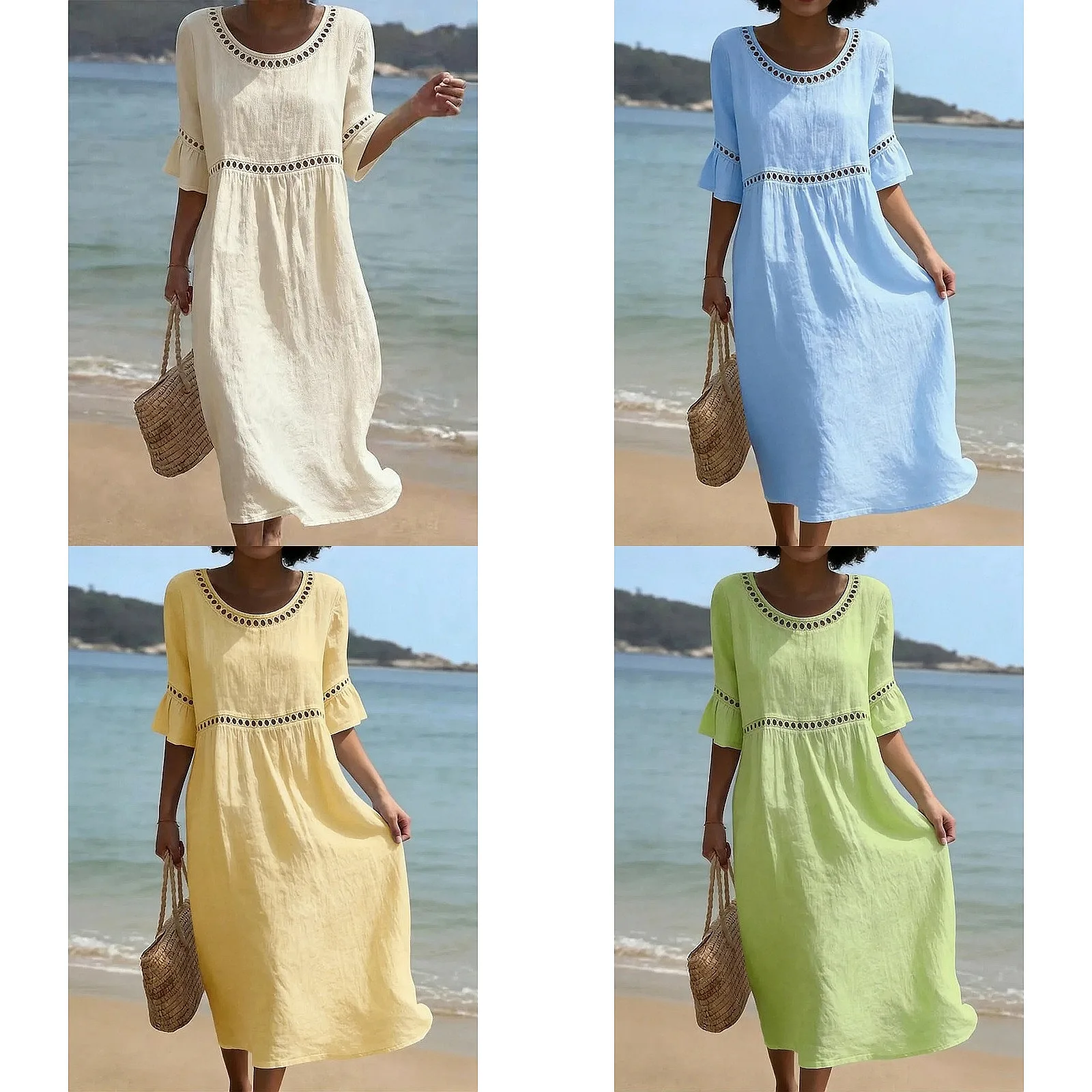 

Elegant Casual Women Dress Spring Summer Round Neck Mid Sleeve Solid Color Dresses