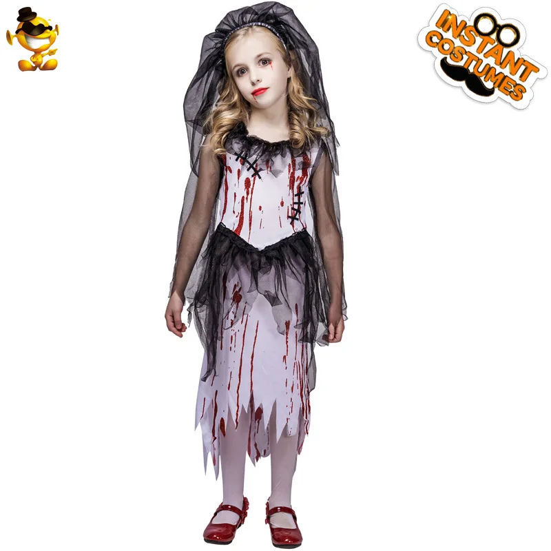 Halloween Horror Bloodstained Little Girl Ghost Bride Costume Headpiece Skirt Cosplay Stage Performance Party Outfit