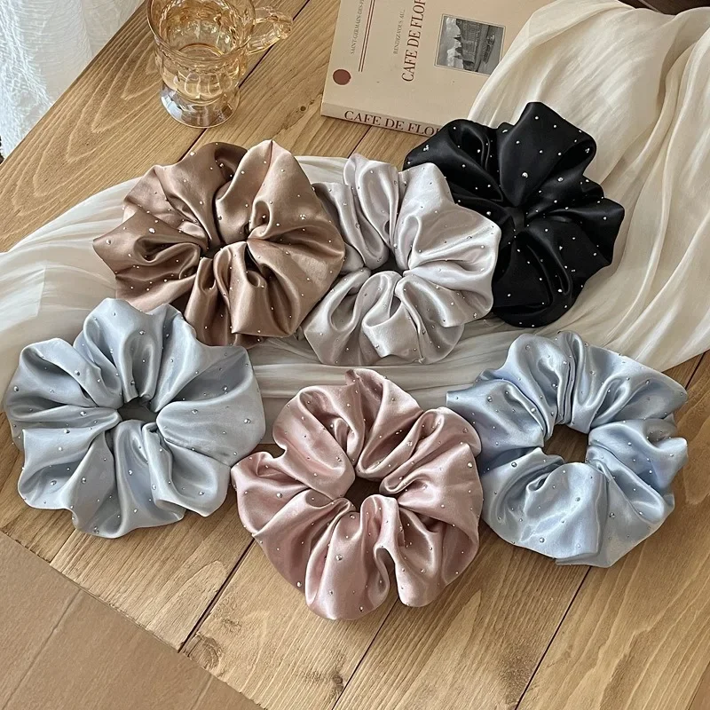 1PCS Satin Scrunchies Rhinestones Decor Soft Comfortable Hair Ties for Women Adult Travel Ponytail Four Seasons