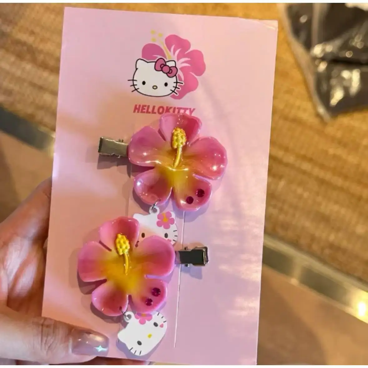 Kawaii Sanrio Hello Kitty Flower Hair Clips Set Pink Hibiscus Hair Pins Sweet Summer Hair Accessories for Women Girls view 2