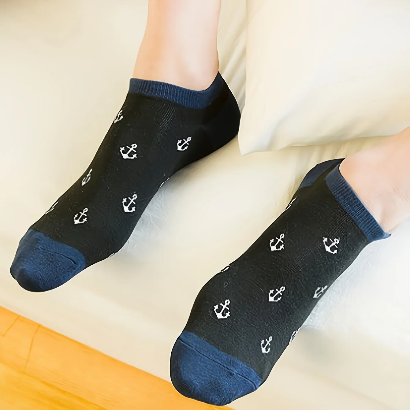 5 Pairs of Mixed-Color Nautical Style Casual Couple Ankle Socks, Low-Cut Men's Socks, Women's Ankle Socks, Navy Blue Nautical Series Cotton Men's Ankle Socks image 3