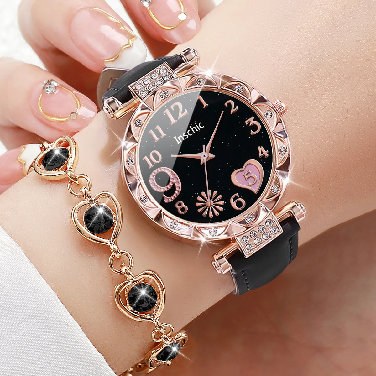 6PCS Women\'s Watch Fashion Heart Dial Leather Band Quartz Watches Rhinestone Jewelry Set（Without Box）