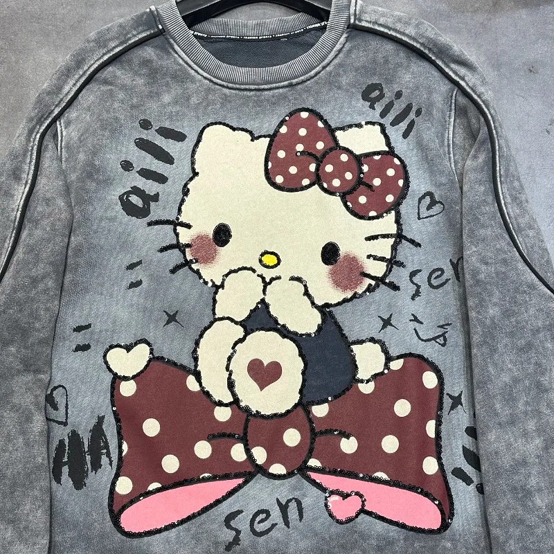 2025 الربيع والخريف الصناعة الثقيلة جديد الترتر طباعة الكرتون طاقم الرقبة البلوز للنساء فضفاض الحلو نمط هوديس #4