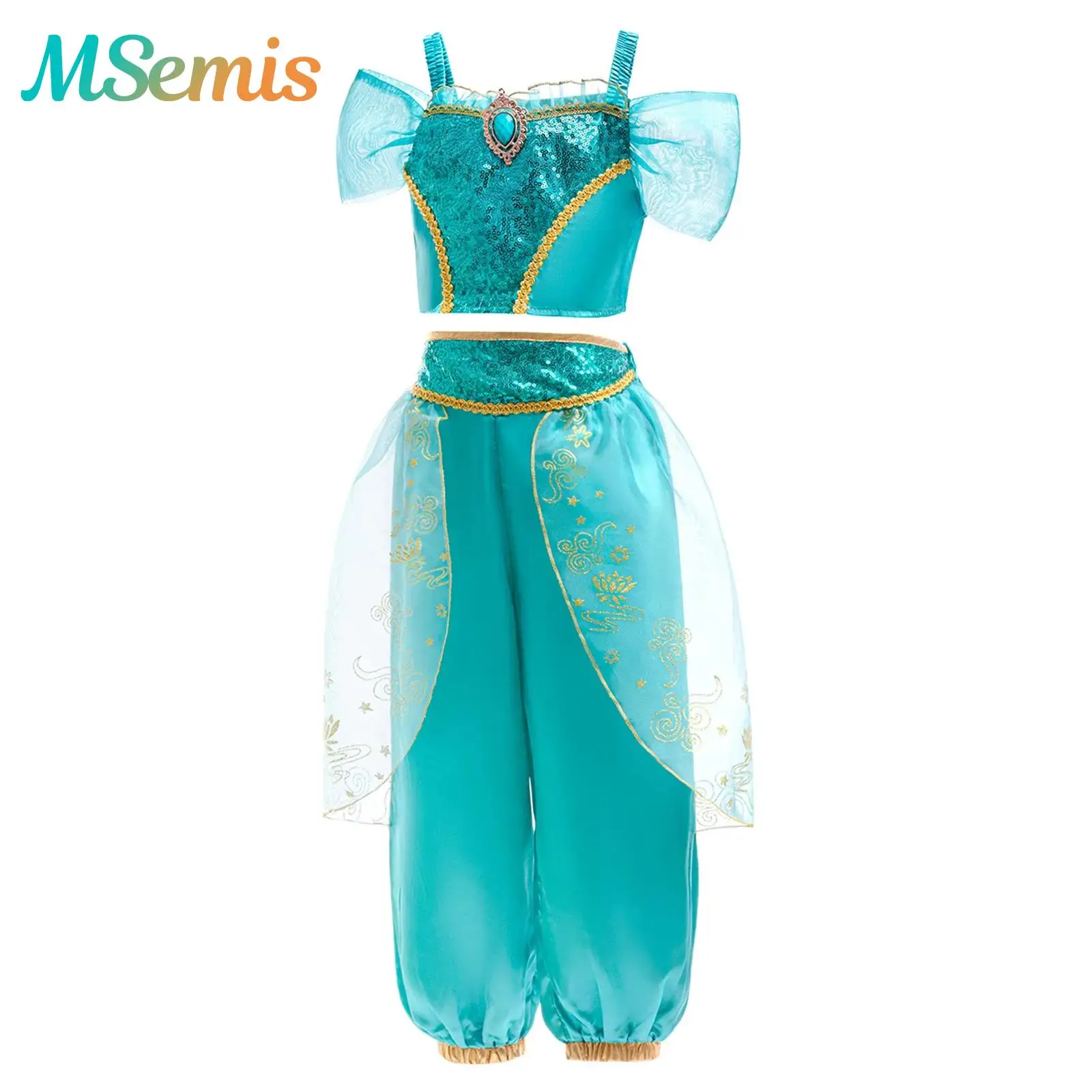 

Kids Girl Arabian Princess Cosplay Costume Halloween Theme Party Outfit Sequins Rhinestone Crop Top And Print Overlay Long Pants