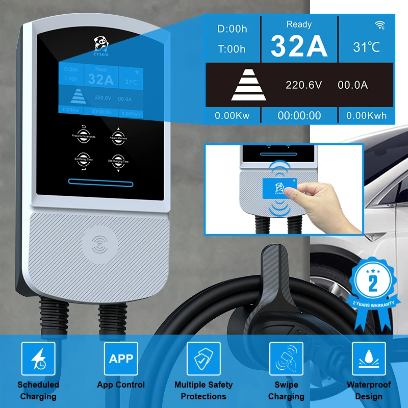 evsow EV Charging Station 32A 7KW Electric Vehicle Car Charger EVSE Wallbox 11KW 22KW 3Phase Type2 IEC62196-2 Socket APP Control