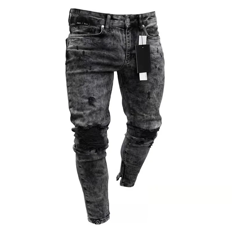 Mannen Europese Amerikaanse Stijl High Street Gescheurde Hiphop Stijlvolle Skinny Jeans Hoge Kwaliteit Gaten Casual Katoen Potlood Denim Broek