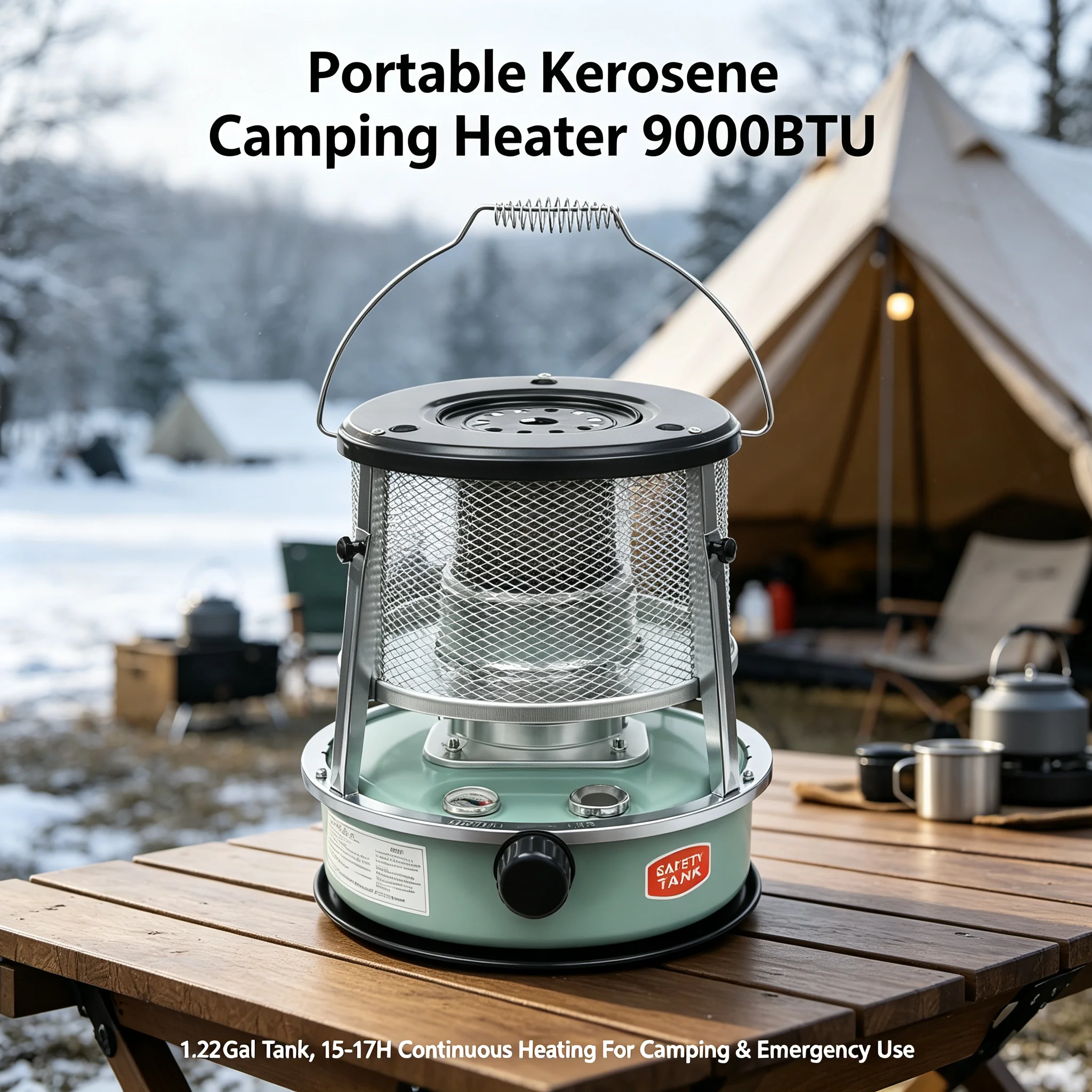 Outdoor Camping Kerosene Heater Portable 9000BTU 2600W, Adjustable Height 13.98-16.14in with 1.22Gal Tank 15-17Hrs Continuous Heating, Indoor Emergency & Garage Use