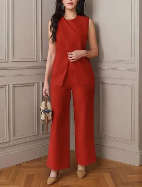 

2025 Solid Color Round Neck Cross Design Sleeveless Vest High Waisted Straight Leg Pants Set Summer Women's British Style Set