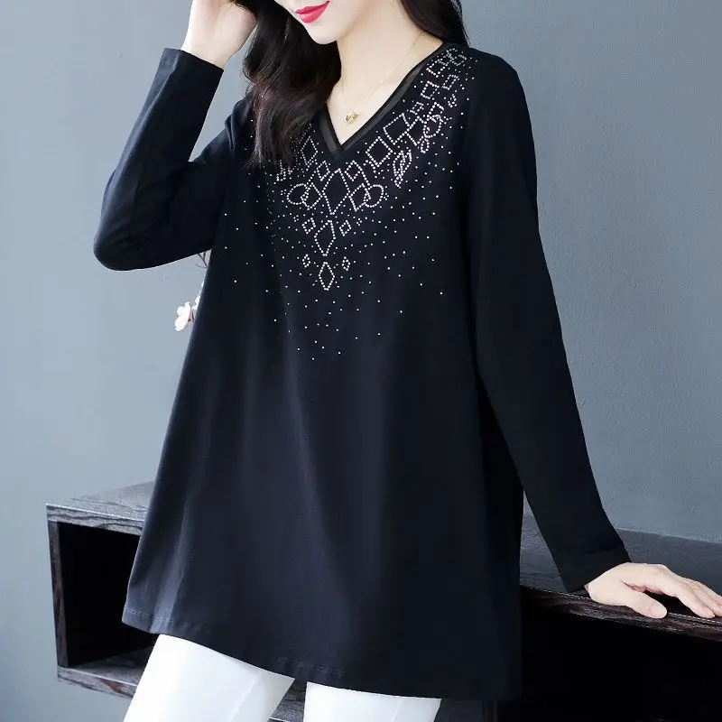 Women Korean Fashion Elegant Rhinestone Oversize Cotton T Shirt Spring Autumn Casual V Neck Long Sleeve Tunic Tops Ropa De Mujer