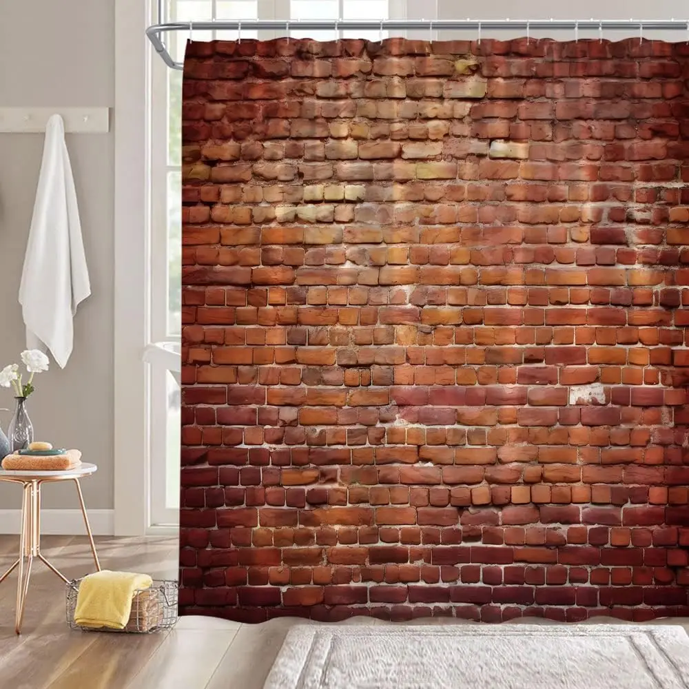 Vintage Red Brown Brick Wall Shower Curtain Retro Stone Brick Rocks Rustic Country Farmhouse Geometric Wall Fabric Bathroom