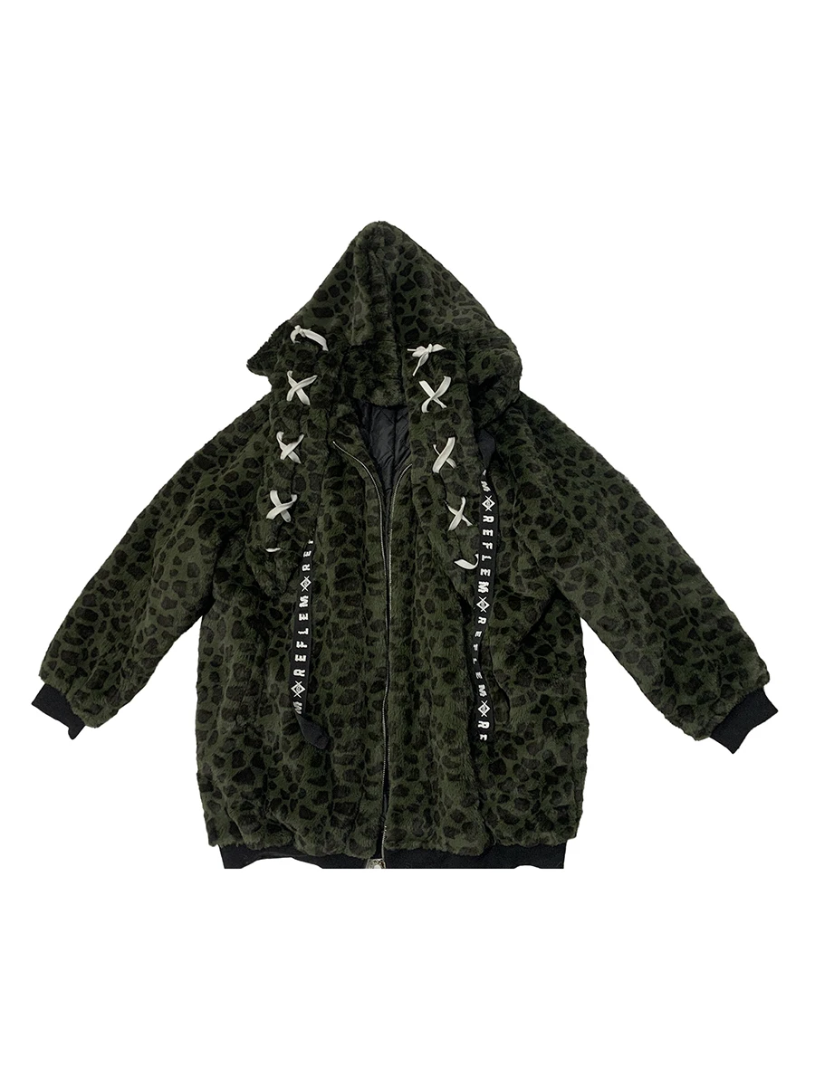 

Autumn Winter Warm Soft Leopard Print Faux Fur Coat Women with Bunny Ears Sweet Cute Harajuku Fashion Fluffy Jacket Streetwear
