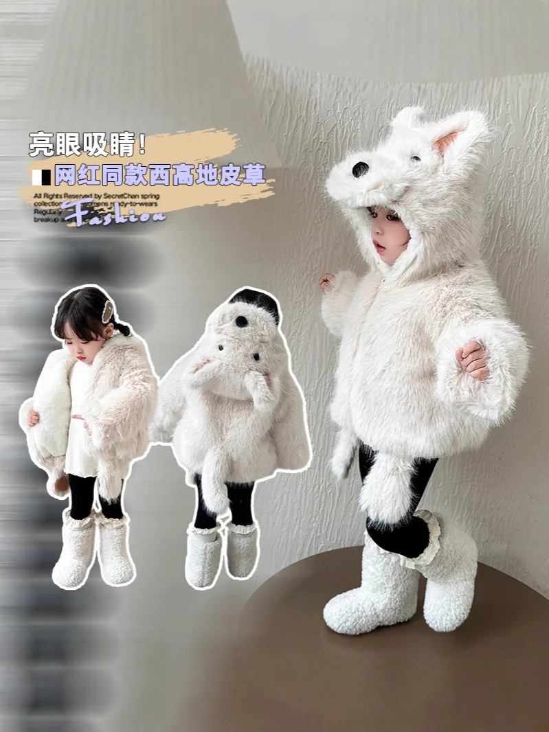 

Girls Fur Coat 2025 New Style Cute Cartoon Children's Clothing Baby Autumn and Winter Thickened Cute Fur Sweater Plus Velvet Top
