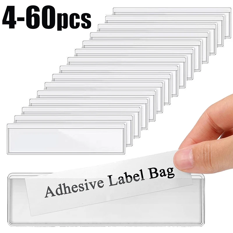 4/60Pcs Clear Self-Adhesive Label Bag Shelf Tag Pocket Identification Card Transparent Classification Warehouse Storage Organize