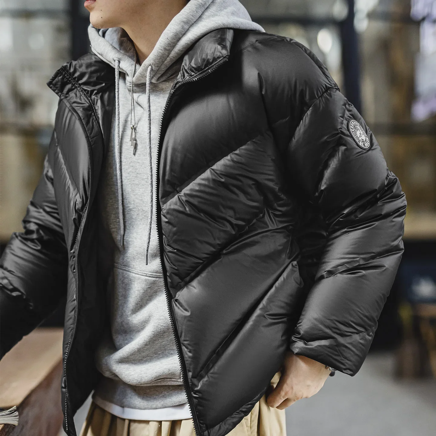 Maden 90% White Duck Down Puffer Jacket for Men Stand Collar Zipper Short Quilted Warm Winter Coat Outerwear