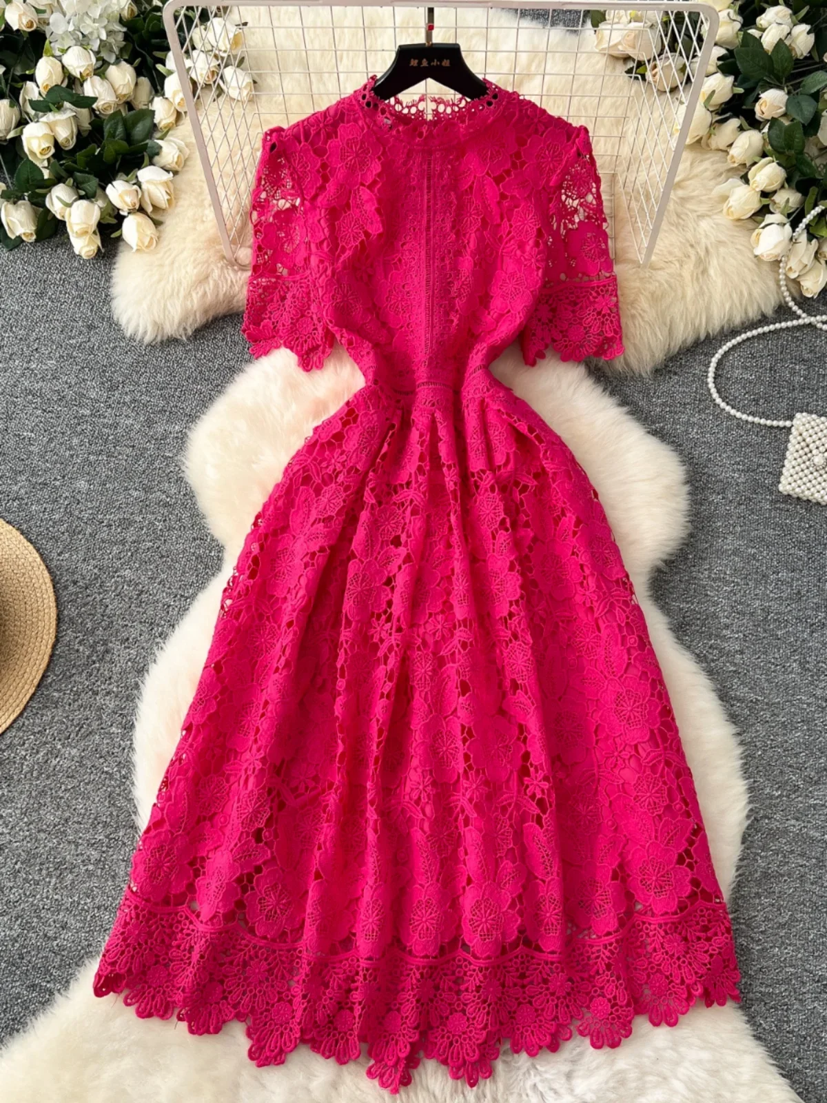 Women Lace Long Midi Dress Retro Elegant Hollow Hook Lace Crochet Slim A-line Prom Party Club Wedding 2025 Spring Summer