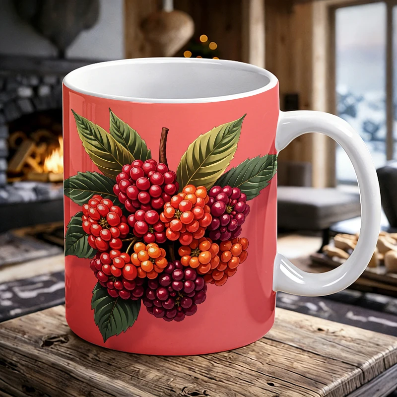

Ceramic cup with handle and clusters of red berries, autumn fruit coffee cup, insulated milk cup, water cup for home and office