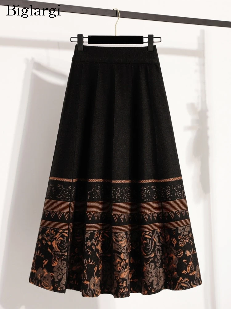 

Oversized Knitted Autumn Winter Skirt Women Floral Print Fashion Ruffle Pleated Ladies Skirts Loose Woman A-Line Skirt