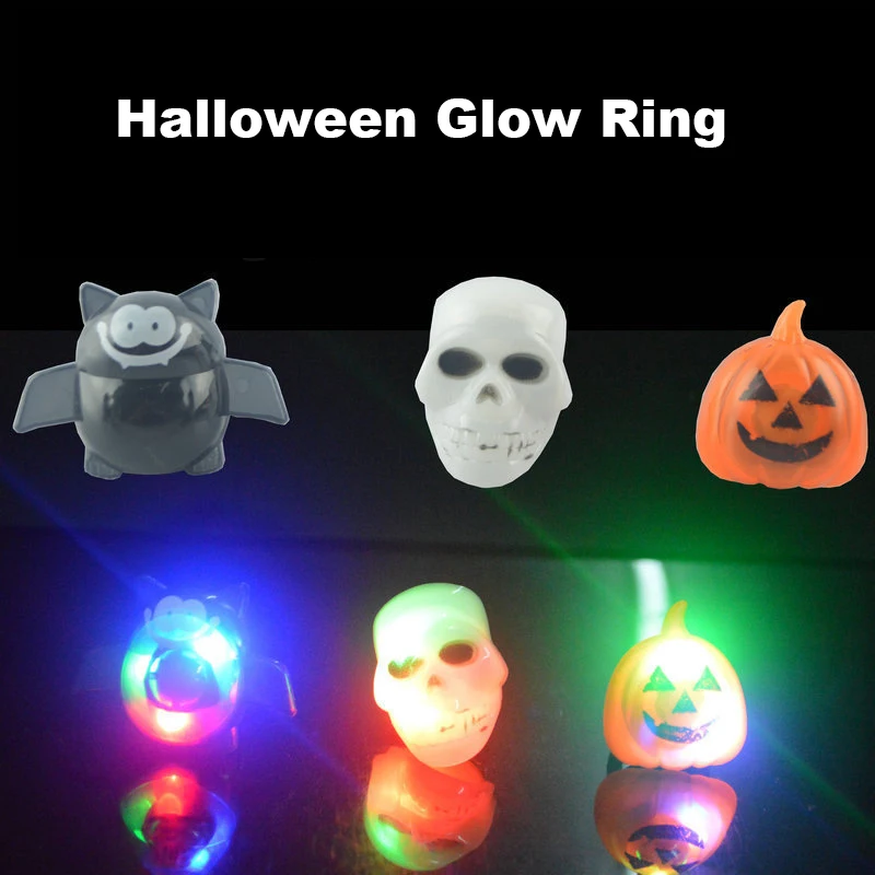 1 Pcs Novelty Funny Halloween Light-up Ring Plastic Pumpkin Light Ring Bat Skull Ring Children's Halloween Prank Toy Ring