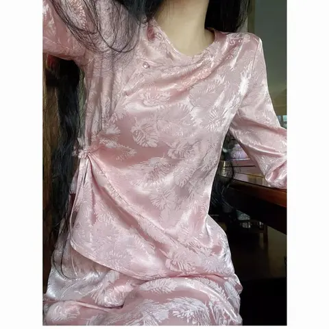 2025 spring autumn vintage chinese style pink jacquard hanfu home wear chinese suit round neck with skirt pajamas two-piece set