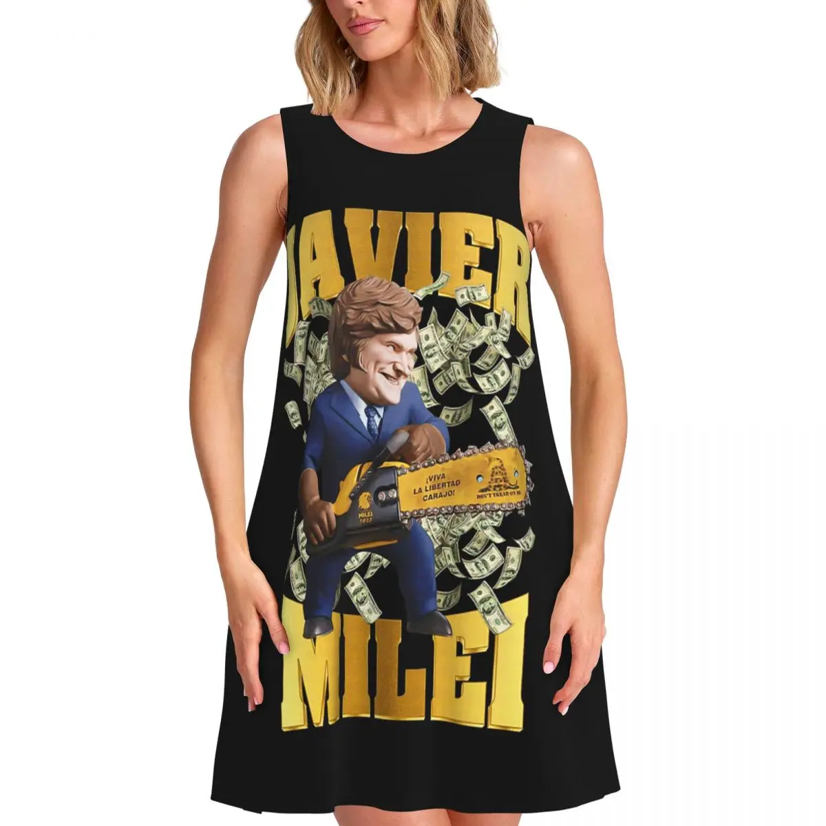 Vestido de verano de manga corta para mujer Javier Milei, elegante vestido sin mangas con cuello redondo, vestido holgado estilo street.