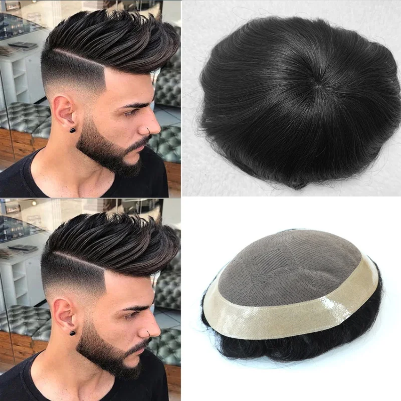 Natural Black  6'' Men Toupee Mono+Pu Base Human Hair Wig Men's Capillary Prosthesis Durable System Australia French Lace Toupee