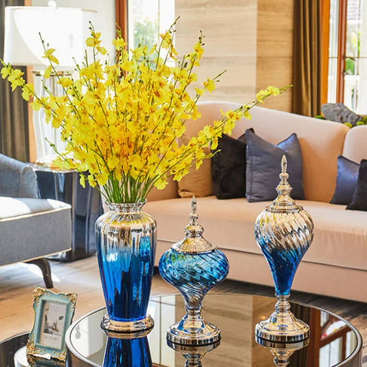 

Light luxury gradient sapphire blue glass vase Nordic decorative home art storage vase with lid living room ornaments