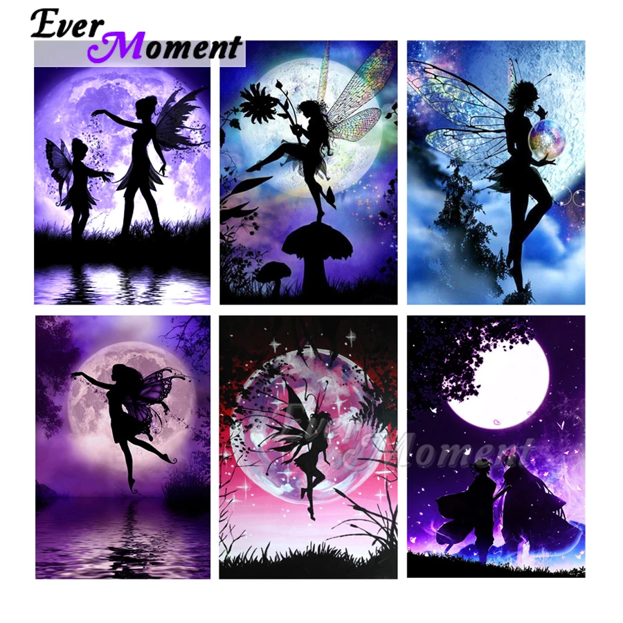 Ever Moment Diamond Painting Kit Moon Night Fairy 5D Diamond Embroidery Set 40x60cm Mosaic Full Square Resin Drills ASF2297