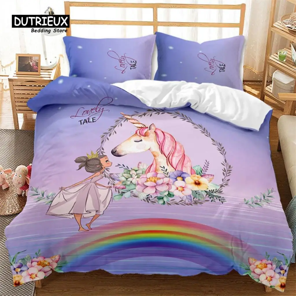 

Unicorn King Queen Bedding Set For Kids Girls Teen Rainbow Floral Dreamcatcher Duvet Cover Microfiber Quilt Cover Home Textile