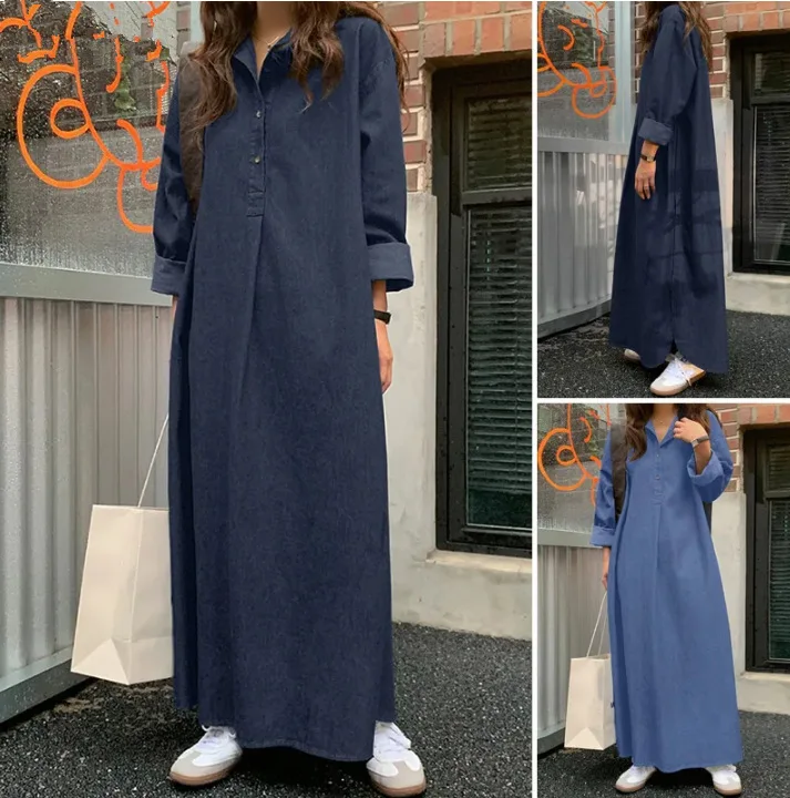 Abito da donna primavera denim colletto rovesciato tinta unita temperamento pendolarismo bohemien ampio abito lungo di grandi dimensioni donna estate