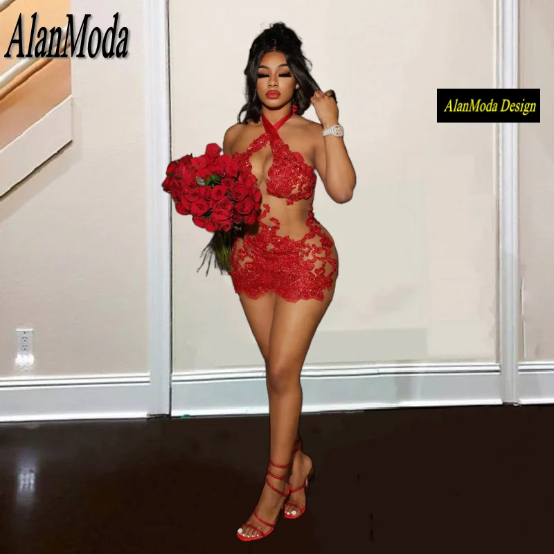 Sexy Red Birthday Dresses For Women Halter Applique Short Party Outfits Beading Mini Cocktail Gowns Vestidos De Gala Customized