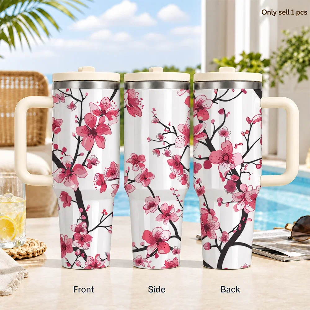 Cherry Blossoms Sakura Pattern Vacuum Flasks 40oz Insulated Stainless Steel Tumbler Leakproof Straw Lid & Grip Handle Travel Cup